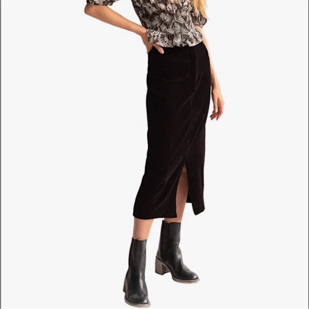 Free People Roxy Ribbed Cord Pencil Skirt Midi black XS front slit